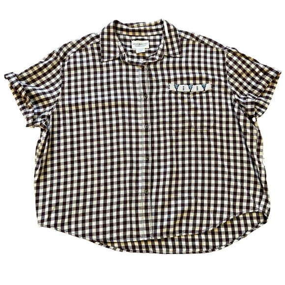 Denim & Supply Brown Plaid Short Sleeve Shirt Beaded Pocket Women's Medium Top - Picture 3 of 7